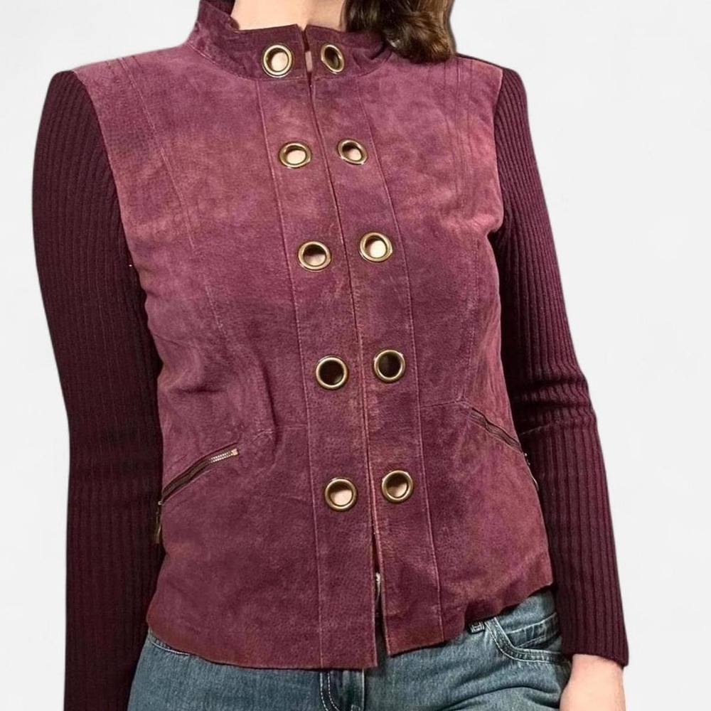 Y2K AMI Womens Burgundy Genuine Suede Grommet Jacket Ribbed Knit Sz M Fall